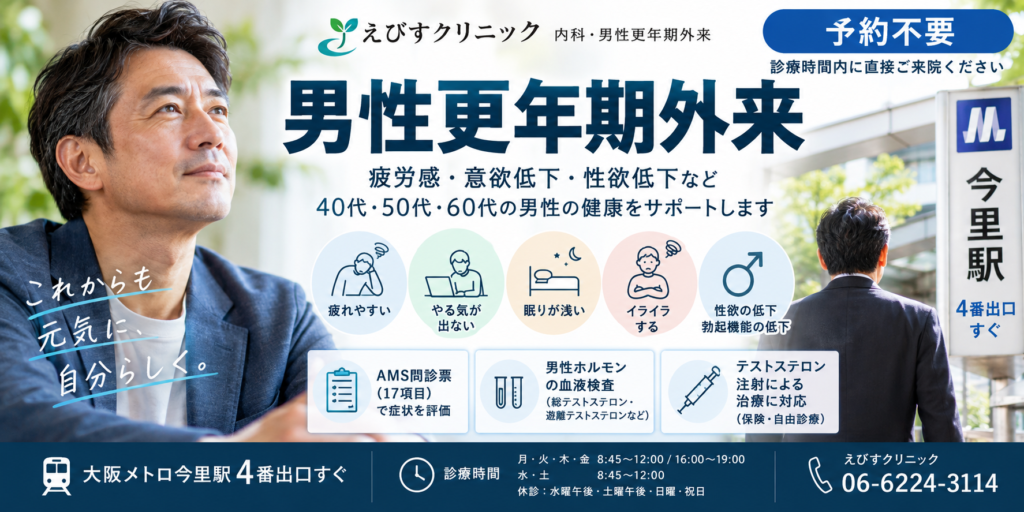 大阪・今里の男性更年期外来｜疲労感・意欲低下・男性ホルモン検査・テストステロン注射｜えびすクリニック